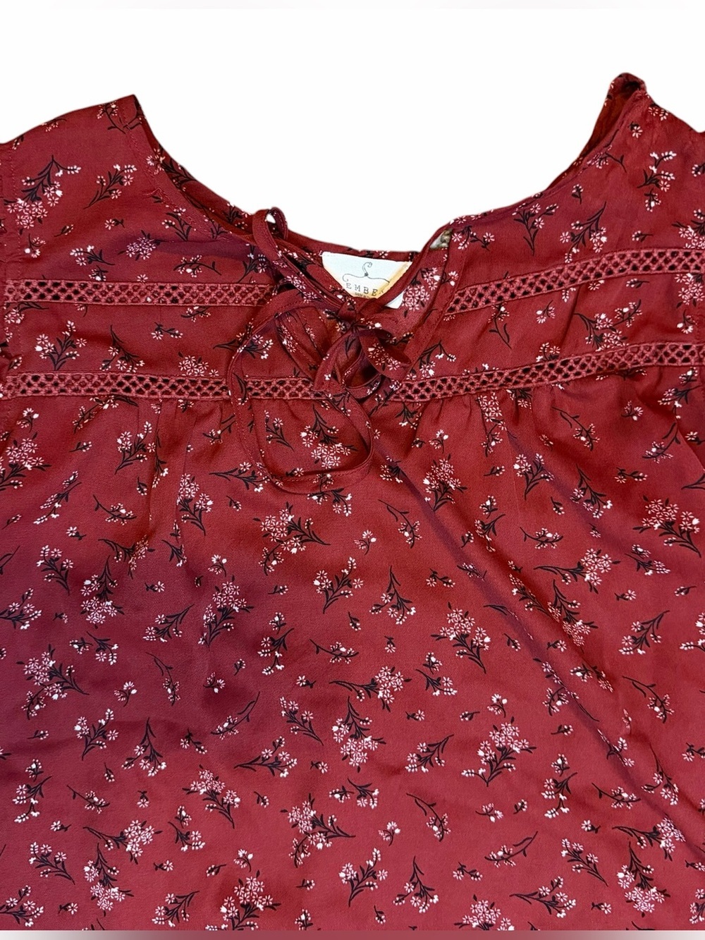 Ember Red Floral Lace-Up Boho Peasant Top Size Large Cottagecore Festival Blouse - Picture 3 of 6